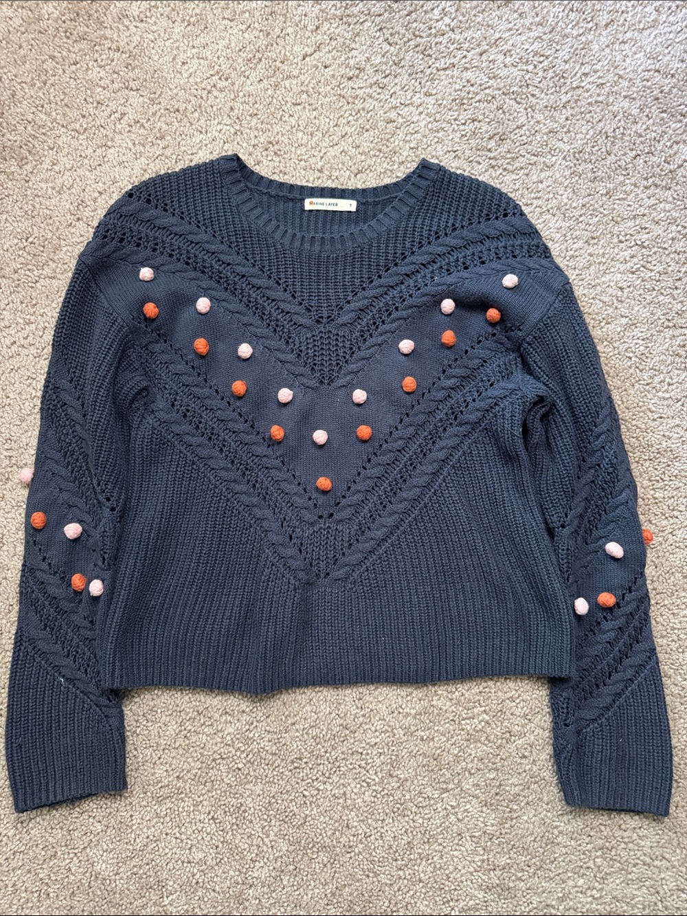 Marine Layer Navy Crewneck Sweater with Pink & Orange Pom-Poms
